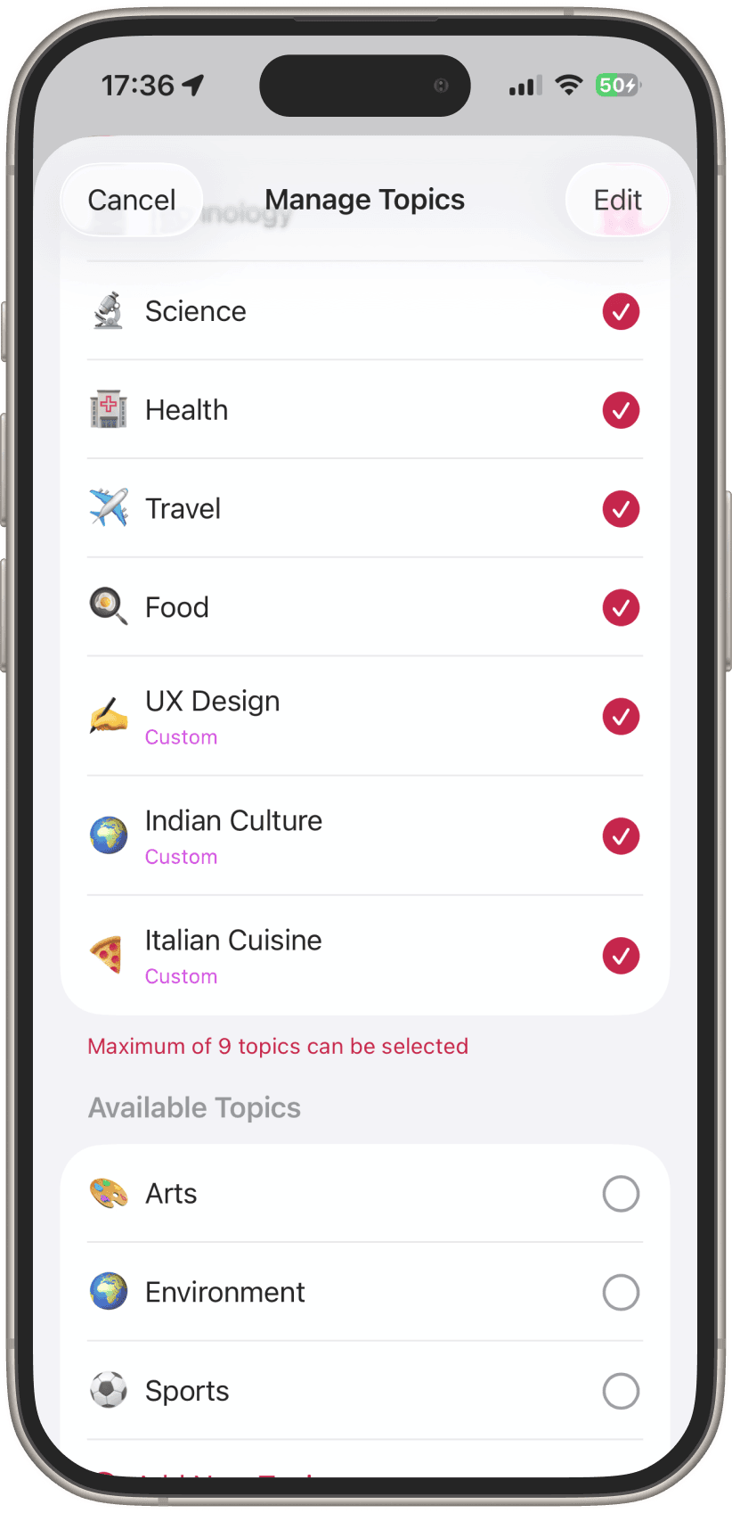 Browsing topics like Science, Health, Travel, Food, UX Design
