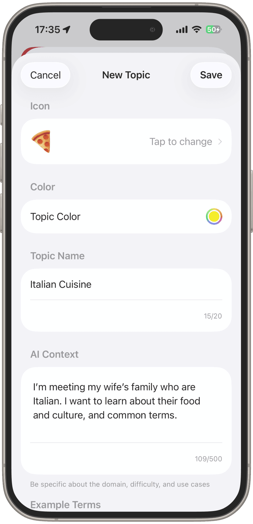 Creating a custom topic for Italian Cuisine
