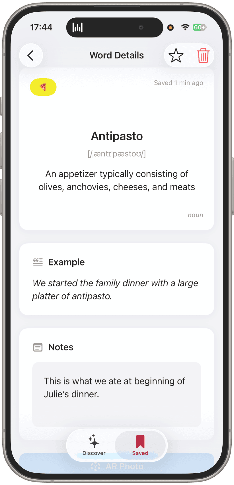 Word details for Antipasto with personal notes and an example sentence